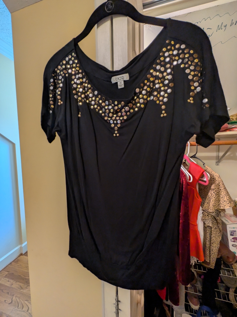 Cache Black Short Sleeve Top with Mixed Metal Stud Embellishments